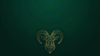 Geometric ram head with curved horns in gold line art on dark teal background, suitable for logos, branding, and modern design projects.