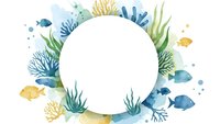 Watercolor underwater marine frame with coral reef, tropical fish, seaweed and bubbles on white background for ocean themed designs and summer projects.