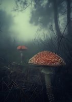 Mystical red amanita muscaria mushrooms in dark misty forest. Moody nature photography with atmospheric fog and shadowy woodland background.