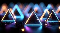 Glowing neon triangles with colorful light reflections on dark surface create futuristic geometric composition against black background with bokeh effect.