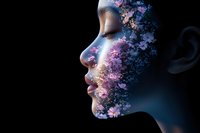 Female profile silhouette with double exposure effect showing delicate cherry blossoms and glowing light on black background, artistic portrait composition.
