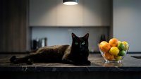 Black cat lying on dark kitchen counter next to bowl of fresh citrus fruits, modern minimalist interior with overhead lighting for pet and food styling.