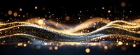 Magical golden wave with sparkling particles and bokeh lights flowing on black background creating luminous abstract festive pattern.