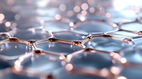 Metallic copper and silver hexagonal mesh structure with soft bokeh lighting effects creates futuristic technological pattern for science and innovation concepts.