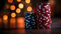 Stacked poker chips in red and blue against blurred warm bokeh lights background creating atmospheric casino gambling composition.