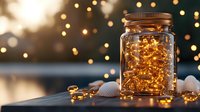 Glowing fairy lights in glass mason jar against blurred bokeh background, creating magical holiday atmosphere with warm golden illumination and seashells.
