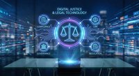 Digital justice and legal technology concept with glowing scales of justice symbol surrounded by connected icons in futuristic cyber environment.