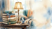 Cozy reading nook with stacked books, brass table lamp with warm shade, knitted blanket, and steaming cup of tea on wooden surface for home decor and lifestyle content.