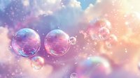Magical soap bubbles floating in dreamy pink and blue sky with sparkles and bokeh lights creating ethereal atmosphere for fairy tale backgrounds.