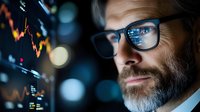Professional bearded businessman analyzing financial data on computer screen with stock market charts reflected in glasses for trading decisions.