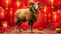 Majestic ram with curved horns standing proudly among glowing red Chinese lanterns and festive decorations for lunar new year celebration on warm background.