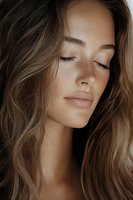 Young woman with freckles and natural makeup in soft lighting, eyes closed peacefully, showing clean skin and flowing brown hair against dark background.