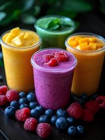 Colorful fruit smoothies in glasses with fresh berries, mango and mint garnish on wooden surface for healthy breakfast and nutrition concepts.