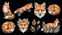 Watercolor fox illustrations set with sitting, jumping, and head poses, curled sleeping positions, and decorative foliage elements. Isolated on transparent background, ready for t-shirt design, clipart, stickers, and print-on-demand products.