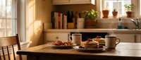 Cozy kitchen interior with breakfast table featuring coffee cups, pastries and warm morning sunlight streaming through windows creating inviting domestic atmosphere.
