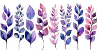 Watercolor floral elements in pink and purple hues featuring delicate leaves and branches arranged in a row, painted with soft gradient transitions and transparent effects.