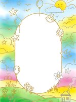 Watercolor rainbow landscape frame with white oval space for text, featuring sun, clouds, stars, flowers and birds in pastel colors for greeting cards.