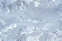 Abstract white lace pattern with delicate floral motifs and intricate mesh design creates soft textural background in monochromatic tones, suitable for wedding themes.