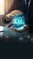 Businessman hands protecting glowing digital gears and charts hologram representing data analysis, innovation and business growth strategy in modern office.