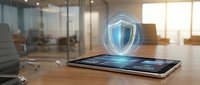 Digital tablet displaying cybersecurity interface with glowing shield hologram in modern office environment for business technology protection concepts.