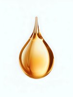 Golden liquid drop with transparent reflective surface isolated on white background, suitable for cosmetic and oil product advertising.
