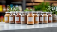 Glass jars filled with various ground spices and seasonings arranged in row on white kitchen counter, with fresh herbs and blurred background for cooking.