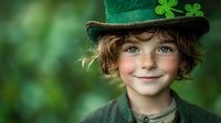 Adorable young child with curly hair wearing green leprechaun hat with shamrocks, smiling warmly for St. Patrick's Day celebration and Irish holiday festivities.