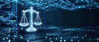 Digital justice scales glowing with blue light surrounded by network connections and data streams representing legal technology and cyber law enforcement.