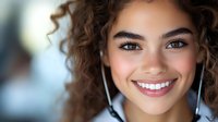 Young mixed-race woman with curly hair smiling warmly while wearing white earbuds, representing modern lifestyle and technology connection.
