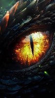 Fiery dragon eye with vertical pupil glowing against dark scales, illuminated with intense yellow and orange flames, creating mysterious fantasy atmosphere.