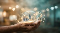 Businessman holding holographic city with financial charts and data analytics floating above palm in modern office environment for investment concepts.
