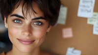 Young woman with freckles and short dark hair smiling warmly at camera against blurred cork board background with sticky notes, showcasing natural beauty and confidence.