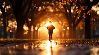 Silhouette of jogger running through autumn park at sunset with golden sunlight streaming through trees and fallen leaves on ground. Peaceful morning exercise.