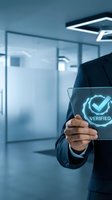 Businessman in dark suit holding tablet displaying glowing verified checkmark icon in modern office environment. Security and authentication concept for business applications.