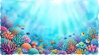 Underwater coral reef scene with colorful tropical fish swimming among vibrant corals and marine plants in crystal clear blue ocean water with sunbeams.