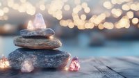 Zen stones stack with pink healing crystals on wooden surface against blurred bokeh background, creating peaceful spa and meditation atmosphere.
