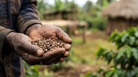 Farmer holding harvested coffee beans in hands over rural plantation field with traditional huts and crops in background, agricultural production and harvest concept.