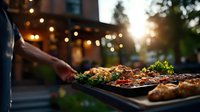 Grilled meat and vegetables on barbecue tray at sunset with string lights and bokeh background. Fresh food cooking outdoors for summer evening gathering.
