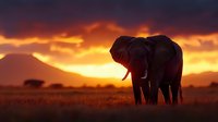 Majestic African elephant silhouette against dramatic sunset sky with golden clouds over savanna landscape for wildlife and nature themed designs.