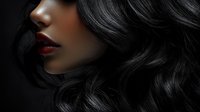 Young African American woman with luxurious wavy black hair and red lipstick in dramatic lighting for beauty and fashion concepts.