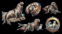 Detailed elephant seal clipart set isolated on transparent background, featuring portraits, pups, and medallion designs for stickers, t-shirt design, and print on demand.