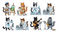 Cartoon cats in various professions including artist, musician, scientist, and doctor, isolated on white background, suitable for educational materials, children's books, and design projects.