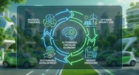 Futuristic holographic interface displaying circular AI-powered sustainable economy diagram with recycling arrows and eco-friendly icons on green nature background.