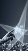 Hand touching holographic gear icons with growth arrow representing business automation and digital transformation technology concept.