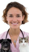 Friendly veterinarian in pink scrubs with stethoscope posing with black terrier mix dog and white-and-gray cat, showcasing professional pet care and animal medicine.