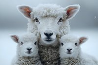 Close up portrait of mother sheep with two lambs looking directly at camera, soft white wool and gentle expressions against blurred winter background.