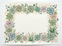 Watercolor succulent frame border with green and purple plants, eucalyptus leaves on cream background for wedding invitations and botanical designs.