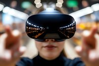 Young Asian woman wearing virtual reality headset with reflection of digital environment in VR goggles lens against blurred background.