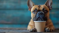 Adorable French Bulldog with blue eyes resting head near takeaway coffee cup against turquoise wooden background, looking up with curious expression.