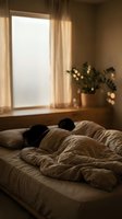 Cozy bedroom with unmade bed, soft beige bedding, and pillows near a bright window with sheer curtains. Potted plants on windowsill create warm, peaceful morning atmosphere for home decor and lifestyle content.